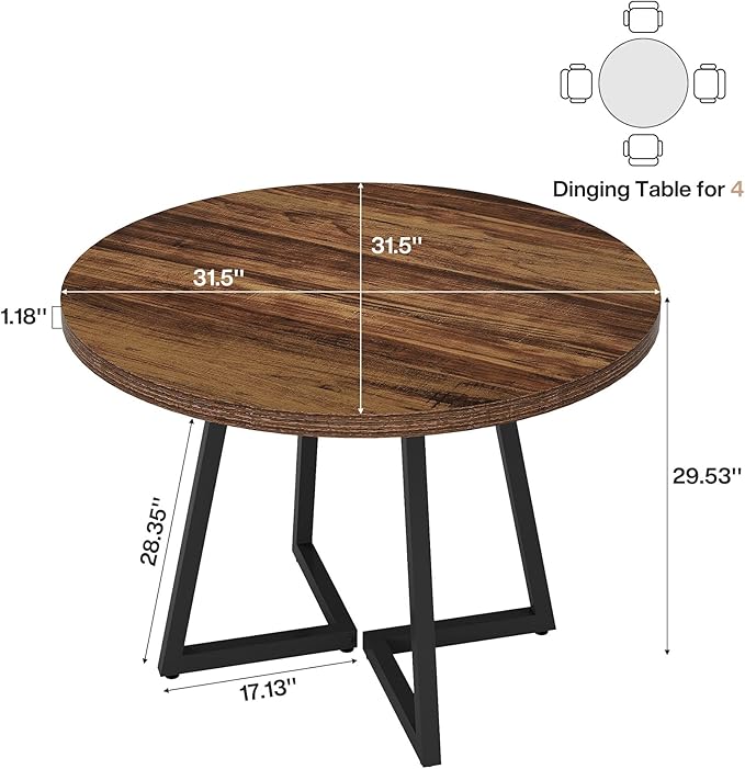 Tribesigns Round Dining Table for 2, 31.5" Industrial Dinner Table with Metal Base, Kitchen Table for Dining Room, Small Space, Apartment, Rustic Brown & Black