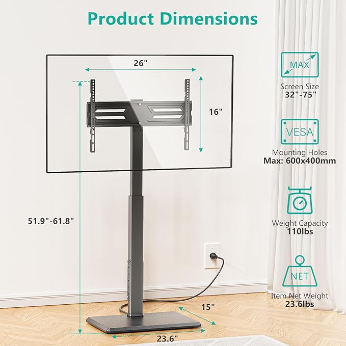 WALI Floor TV Stand with Power Outlet, Tall TV Stand Mount for 32-75 inch TV up to 110 lbs, Swivel and Height Adjustable TV Stands with Wood Base for Bedroom, Office(TVDVD-7P), Black