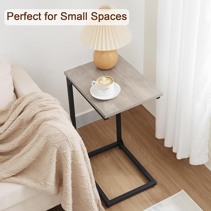 AMHANCIBLE C Shaped End Table Set of 2, Couch Tables That Slide Under, TV Tray Snack Table for Sofa, Small Side Table for Couch, Small Space, Living Room, Greige HET02CGY