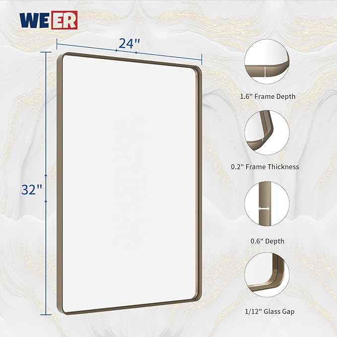WEER 24x32 Inch Bronze Bathroom Mirror - Brushed Bronze Frame for Vanity, Rounded Rectangle with Tempered Glass, Anti-Rust (Horizontal/Vertical)