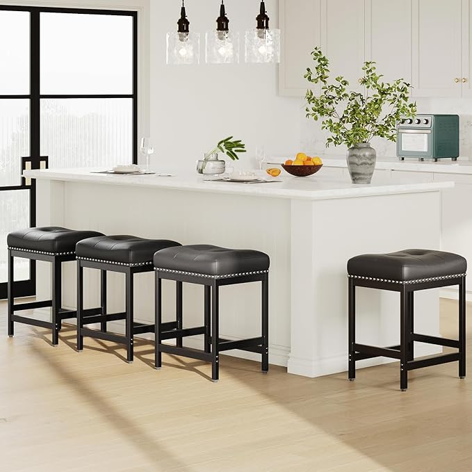 MALOL Set of 2 Saddle Bar Stools Counter Height 24.4”, Black Backless Barstools for Kitchen Island, Modern PU Leather Cushioned Seat, Bar Chairs for Kitchen Counter, Breakfast Bar Stools for Home