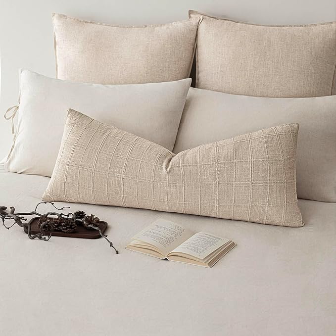 Foindtower Set of 2 Decorative Linen Check Throw Pillow Covers Neutral Long Body Lumbar Cushion Covers Farmhouse Vintage Home Decor for Sofa Chair Couch Bedroom Living Room,14×36 Inch,Natural Linen