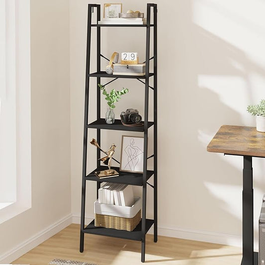 Ladder Shelf, Bookshelf Bookcase, Freestanding Corner Storage Shelve with 2 Hooks for Home Office, Living Room, Kitchen, Bedroom, Industrial, 5-Tier Black BC19204B
