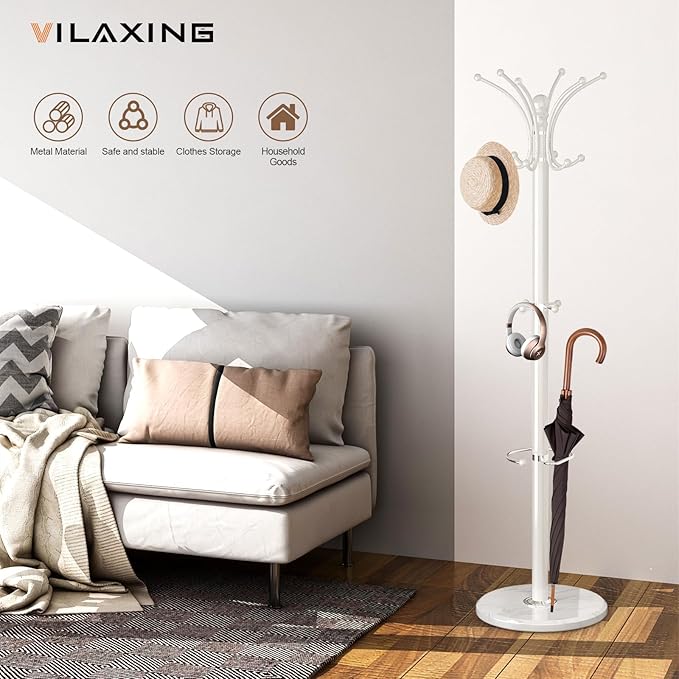 Coat Rack Freestanding with Marble Base, Heavy Duty Clothes Tree with Hooks and Umbrella Storage, Metal Hall Holder for Hanging Jacket, Hats, Scarf, Bag, Suitable for Entryway,Bedroom