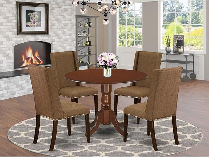 East West Furniture DLFL5-MAH-18 5 Piece Kitchen Table Set for 4 Includes a Round Dining Room Table with Dropleaf and 4 Brown Linen Linen Fabric Parson Dining Chairs, 42x42 Inch, Mahogany