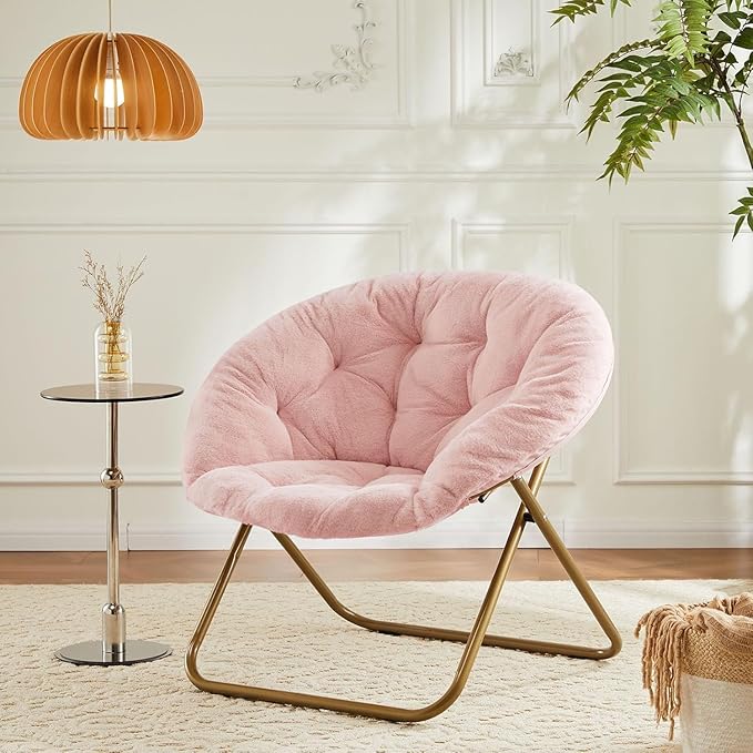 Saucer Chair Faux Fur with Soft and Thick Padded Seat Metal Frame, Modern Style Folding Cozy Chair for Living Room, Bedroom, XL, Pink