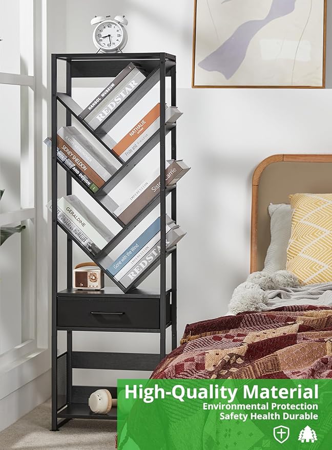 Bookshelf with Drawer,10 Tier Tree Bookcase Retro Floor Standing Bookshelves,Tall Wood Bookcases with Cabinet Storage Organizer for Living Room, Bedroom & Home Office, Black