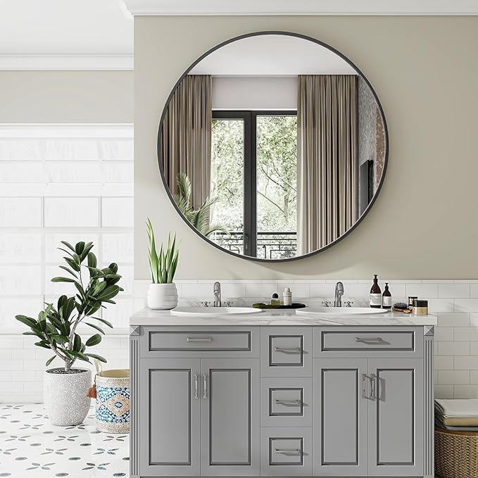 Black Round Bathroom Mirror, 48 inch Large Circle Wall Mounted Hanging Mirror with Simple Modern Circular Metal Frame for Hallway, Entryway, Living Room, Black Frame