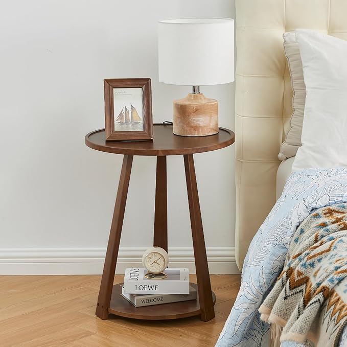 Uniclinens Round End Table, Solid Wood Round Side Coffee Table, Small Bedside Nightstand for Living Room Bedroom, Walnut