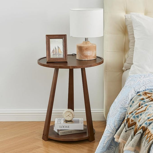 Uniclinens Round End Table, Solid Wood Round Side Coffee Table, Small Bedside Nightstand for Living Room Bedroom, Walnut