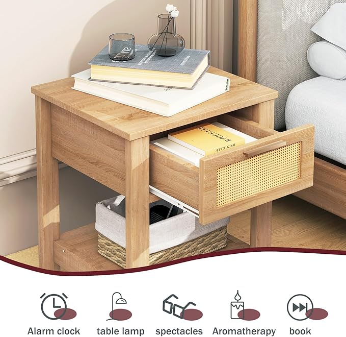 IBUYKE Rattan Nightstand, Boho Night Stand with Drawer, Wood Bedside Tables with Storage Shelf, End Table with Legs for Bedroom, Natural UWNS011N