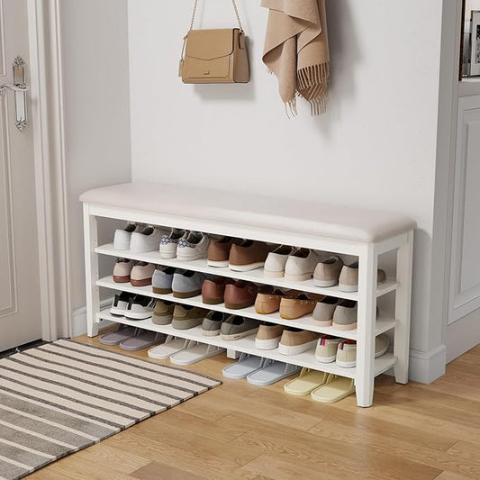 Shoe Bench with Leather Cushion, 3 Tiers Shoe Storage Bench Height Adjustable, Walnut Wood Entryway Bench for Hallway, Mudroom
