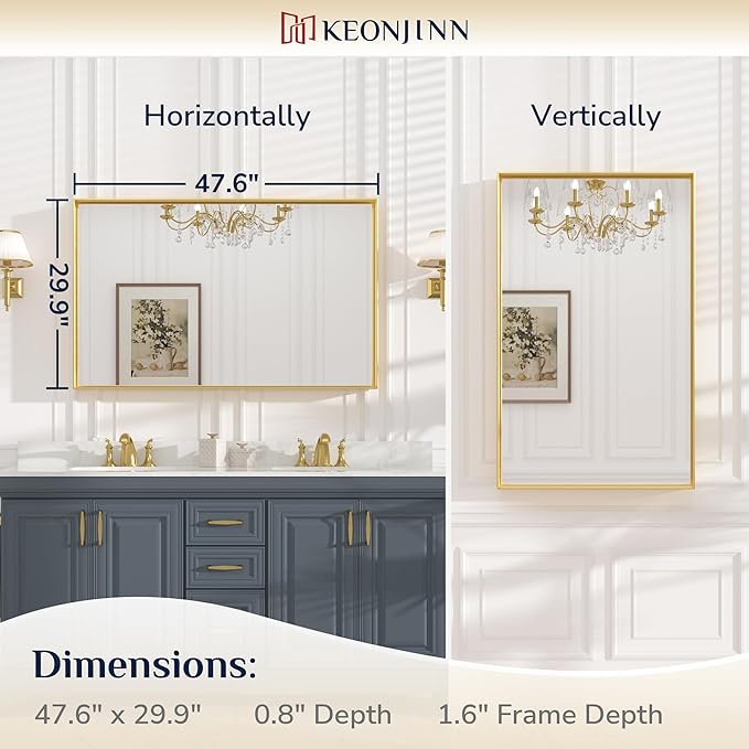 Keonjinn Gold Bathroom Mirror 48 x 30 Inch Gold Trimmed Bathroom Wall Mirror Large Brushed Metal Frame Mirror for Over Sink, Modern Farmhouse Vanity Rectangle Mirror(Horizontal/Vertical)