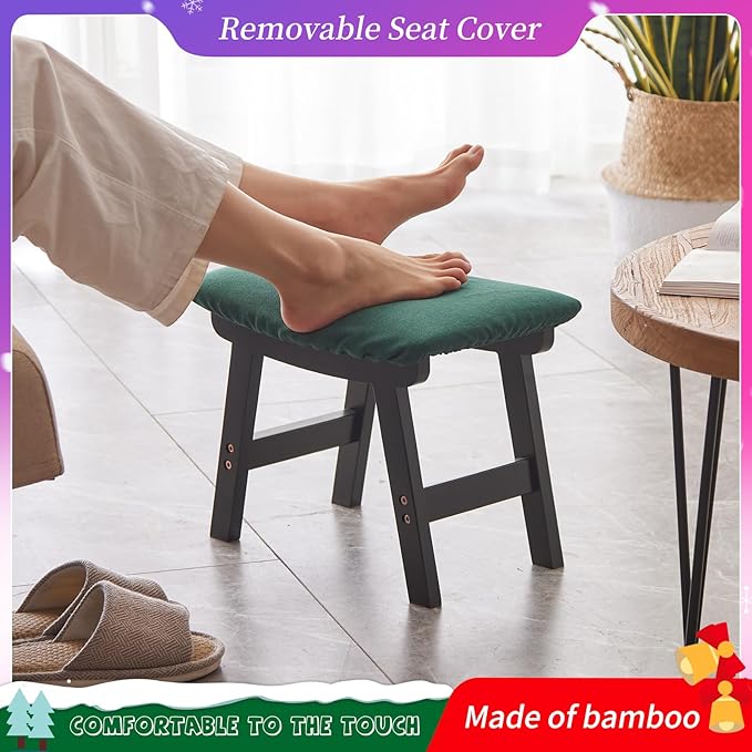 Foot Stool,Ottoman,Bamboo Small Sofa Foot Rest Under Desk,Extra Seating for Living Room, Bedroom and Kitchen (Black Stool Legs - Green Surface)