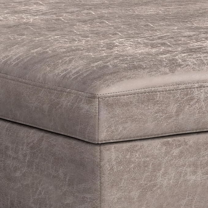 SIMPLIHOME Owen 40 inch Wide Mid Century Modern Square XL Coffee Table Storage Ottoman in Distressed Grey Taupe Vegan Faux Leather, Assembled, for The Living Room, Entryway and Family Room