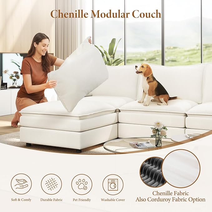 Vesgantti 108" U Shaped Sectional Couch, Comfy Cloud Modular Sectional Sofa with 2 Ottoman Deep Seat Chenille Modern Cloud Sofa, Modular Sofas for Living Room, Bedroom and Apartment, Snow White
