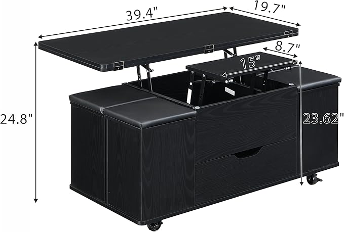 Merax Multi-Functional Lift-Top Coffee Table with Hidden Storage and Stools,Multi-Function Modern Center Table with 4 Stools and Casters,Perfect for Modern Living Spaces, Black