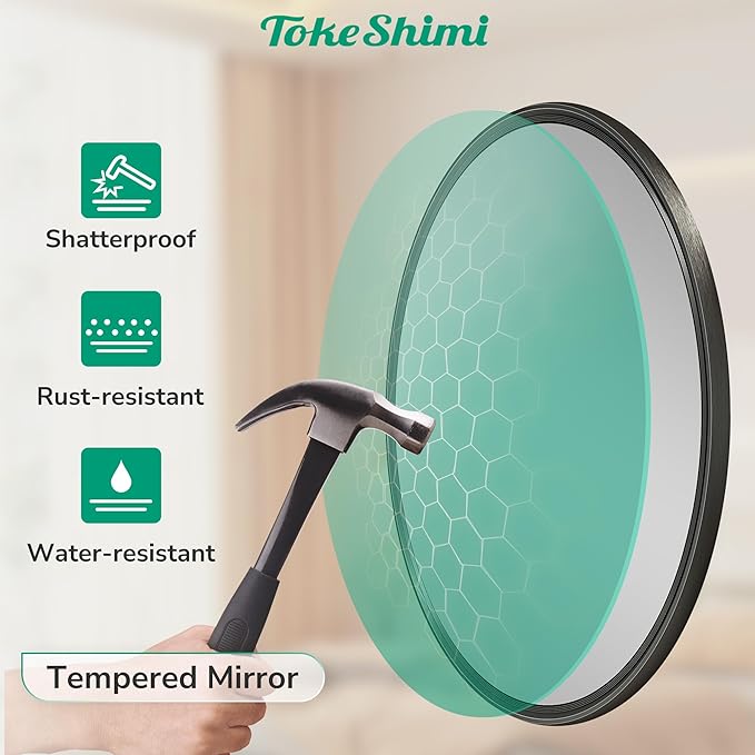 TokeShimi 16 in Round Black Bathroom Mirror Framed, Modern Circle Wall Mirror Farmhouse Aluminum, 16 x 16 Shatterproof Round Bathroom Vanity Mirrored for Restroom, Bedroom, Entryway, Living Room
