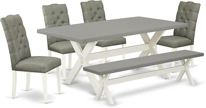 East West Furniture X097EL207-6 6 Piece Kitchen Table Set Contains a Rectangle Dining Table with X-Legs and 4 Gray Linen Fabric Parson Chairs with a Bench, 40x72 Inch, Multi-Color