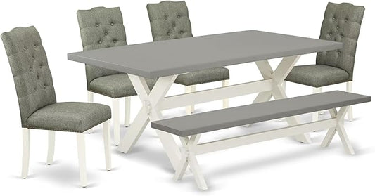 East West Furniture X097EL207-6 6 Piece Kitchen Table Set Contains a Rectangle Dining Table with X-Legs and 4 Gray Linen Fabric Parson Chairs with a Bench, 40x72 Inch, Multi-Color
