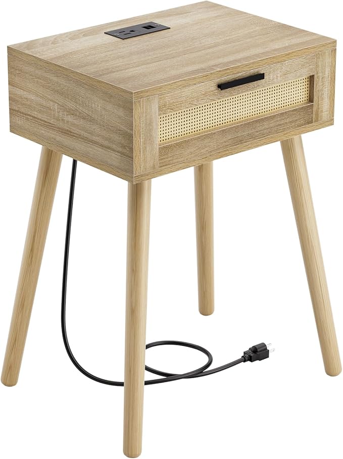 HAIOOU Nightstand with Charging Station Rattan Drawer, Mid Century Modern Side Table, End Beside Table with Pine Wood Legs Storage for Bedroom Living Room