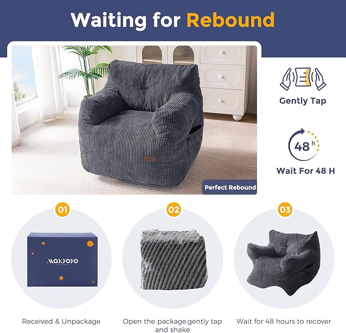 MAXYOYO Bean Bag Chair, Tufted Bean Bag Couch Lazy Chair, Living Room Sofa Couch with Filler for Adult Teens Kids, Corded Fabric Accent Sofa for Bedroom Dorm, Dark Grey