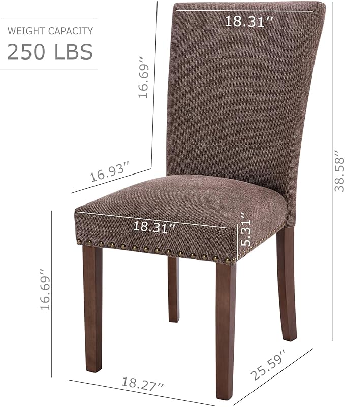 COLAMY Upholstered Parsons Dining Chairs Set of 2, Fabric Dining Room Kitchen Side Chair with Nailhead Trim and Wood Legs - Brown