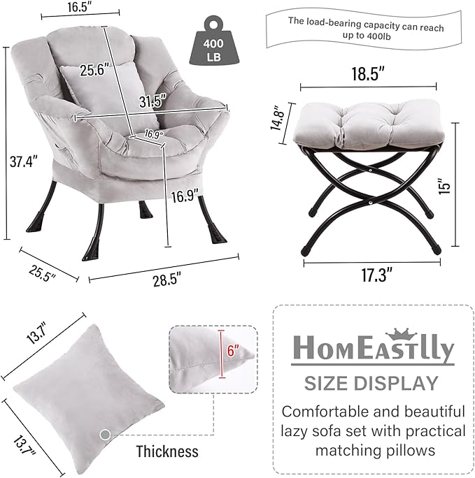 Large Lazy Chair with Ottoman, Accent Reading Chair with a Soft Grey Throw Pillow, Cozy Lounge Chair with Armrest, Leisure Sofa Chair for Living Room, Bedroom, Dorm, Velvet Soft Grey