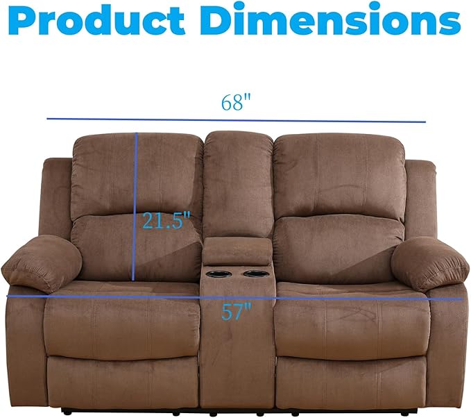 Loveseat Recliner Sofa, Reclining Loveseat Couch with Storage Console, Modern Comfy Home Theater Seating Power Recliner Chair with Cup Holders for Living Room Furniture Sets, Brown
