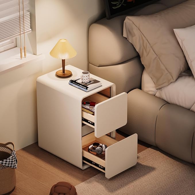 VICITON Modern Narrow Faux Leather Nightstand, Solid Wood Drawer, Storage Accent Table, Small Side End Table for Bedroom (Cream White, Nomal(12 inch))