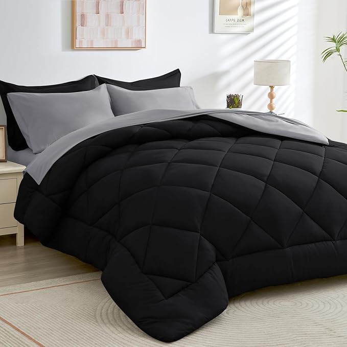 HEVUMYI 120x98 Oversized King Comforter Set - 7-Piece All Season Bed in a Bag Oversized King, Ultra Soft Bedding Set with 120 x 98 Comforter, Flat Sheet, Fitted Sheet, Pillowcases, Black & Light Grey