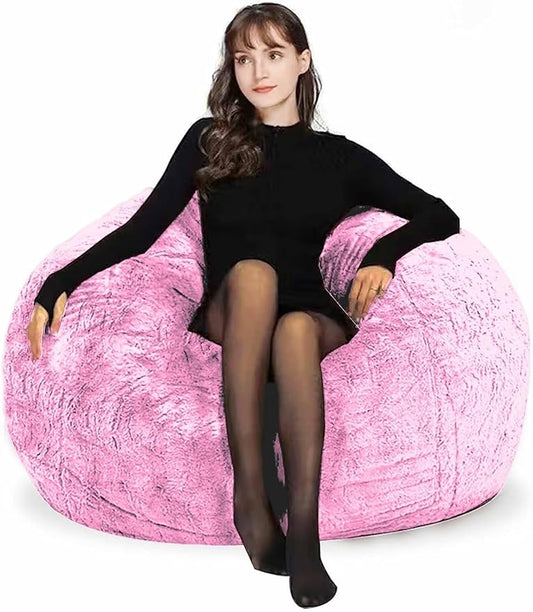 Bean Bag Chair for Adults Kids Without Filling Comfy Fluffy Round Beanbag Lazy Sofa Cover for Reading Chair Floor Chair, 3.5FT, Pink