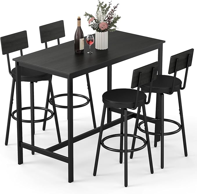 Dining Table Set for 4, 5-Piece Bar Table Set, Kitchen Table and Chairs, Counter Height High Top Table with 4 PU Upholstered Stools, Space-Saving Pub Tables Set for Small Space, Black