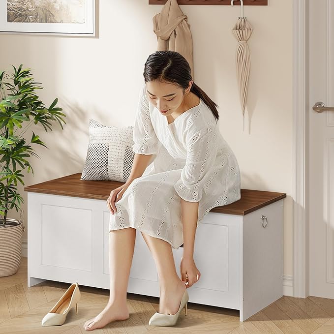 HOOBRO Storage Bench, 43.3" Retro Wooden Storage Chest, Wooden Storage Trunk, Toy Chest with Lift Top, Multifunctional Entryway Organizer, for Entryway, Living Room, White and Walnut WH411CW01