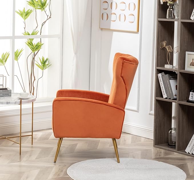 Container Furniture Direct Modern Velvet Accent Chair, Channel Tufted Bedroom, Office or Living Room Furniture with Elegant Metal Legs, 26" Wide Armchair, Orange Red