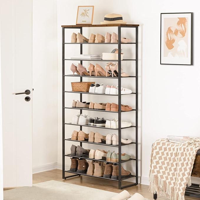 HOOBRO 10-Tier Shoe Rack, 29.5" L Shoe Storage Organizer, Large Capacity Shoe Shelf for Front Door Entrance, Entryway, Hallway, Holds 36-40 Pairs of Shoes, Closet, Rustic Brown and Black BF107XJ01
