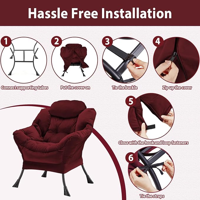 Lazy Chair Thick Padded, Comfy Velvet Accent Lounge Chair with Stable Frame, Leisure Sofa Armchair with Armrests and Side Pocket, Reading Chair for Bedroom, Living Room, Office, Burgundy