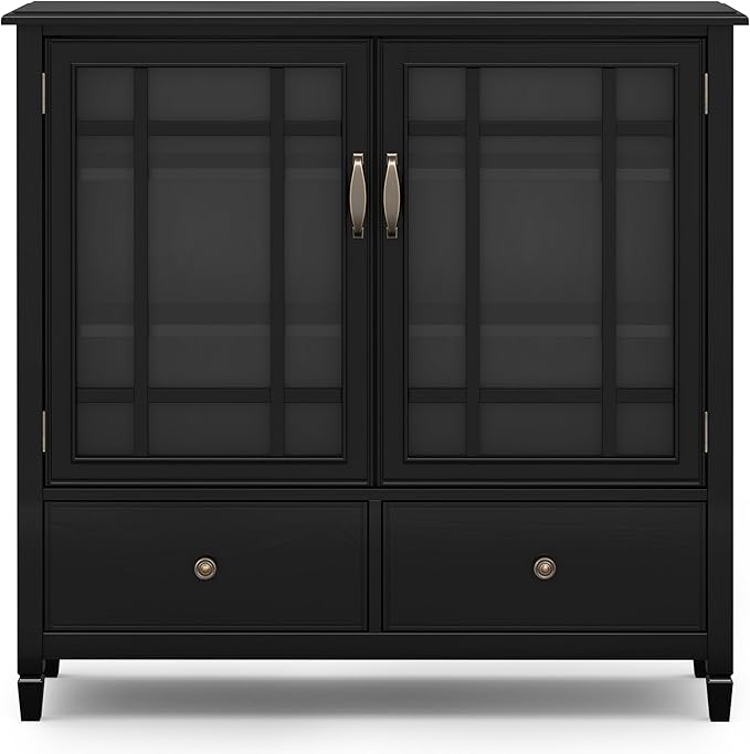 SIMPLIHOME Connaught SOLID WOOD 46 inch Wide Traditional Tall Storage Cabinet in Black for the Living Room, Entryway and Family Room