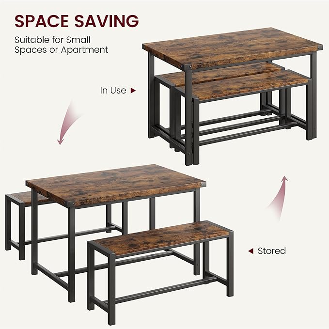 Dining Table Set for 4 with 2 Benches, 3-Piece Kitchen Table Set, Space-Saving Dining Set for Kitchen, Dining Room, Brown
