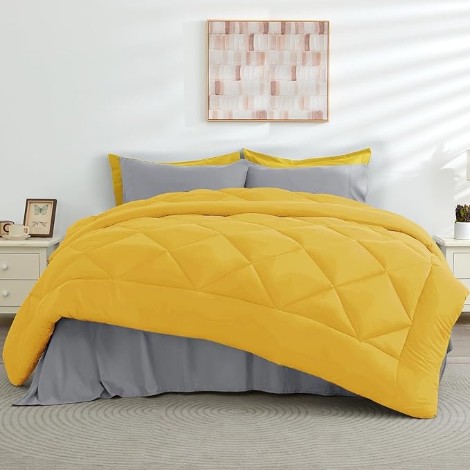 HEVUMYI Twin-XL Comforter Set - 5-Piece All Season Bed in a Bag Twin-XL, Ultra Soft Bedding Set with Comforter, Flat Sheet, Fitted Sheet, Pillowcases, Pillow Shams, Yellow & Light Grey