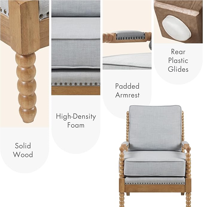 Madison Park Donohue Midcentury Modern Accent Chairs Padded Solid Wood Armrest and Frame Oakwood Finish, Upholstered Seat, Bedroom, Family or Living Room, 25.5" W x 32" D x 35.75" H, Light Blue