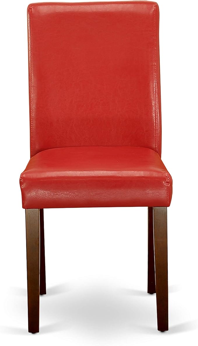 East West Furniture ANAB3-MAH-72 3 Piece Dinette Set for Small Spaces Contains a Round Kitchen Table with Pedestal and 2 Firebrick Red Faux Leather Parsons Chairs, 36x36 Inch, Mahogany