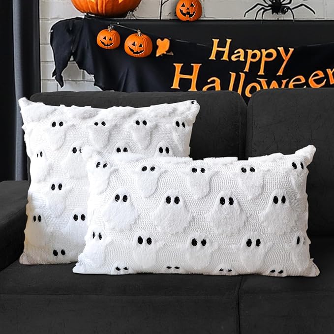 4TH Emotion Halloween Ghost Decorative Pillow Covers 18x18 Set of 2, White Soft Plush Faux Fur Farmhouse Throw Cushion Cases for Fall Autumn Holiday Home Decorations