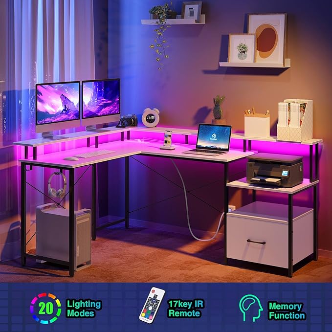 Rolanstar Computer Desk with File Drawer, 64" L Shaped Desk with Power Outlet & LED Strip, L Shaped Computer Corner Desk with File Cabinet, Gaming Desk with Monitor Shelf, Home Office Desk, White