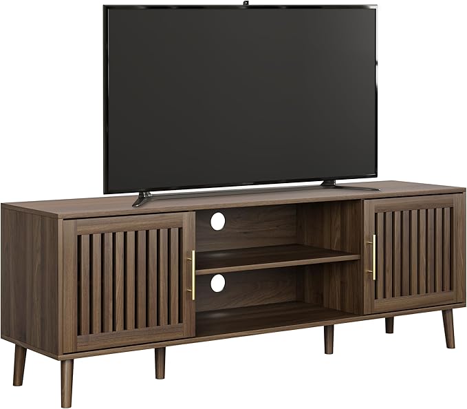 Smuxee Walnut TV Stand with Grille Striped Design, 62.99" Mid Century Modern TV Media Console for TVs up to 70", TV Cabinet with Adjustable Shelf & 2 Cabinets for Living Room