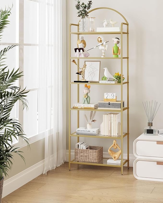 Bookcase Bookshelf, Tempered Glass Bookshelves, Slim Shelving Unit for Bedroom, Bathroom, Home Office, Steel Frame, 6 Tier Gold BC21699G