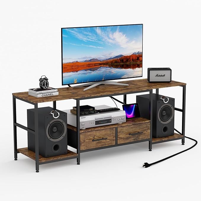 TV Stand for 75 Inch TV, TV Stands for Living Room with 2 Storage Drawers, Entertainment Center with Power Outlets, TV Stand for Bedroom, Television Stands, Brown/Black