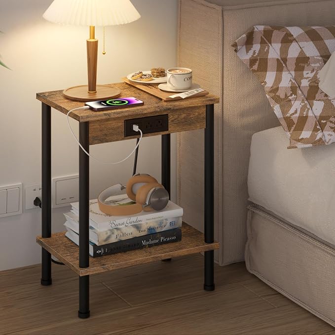 End Table with Charging Station,Small Side Table,2-Tier Nightstand with Storage Shelf,Sofa Bedside Table for Small Spaces in Living Room,Bedroom,Office,Easy Assembly,Rustic Brown