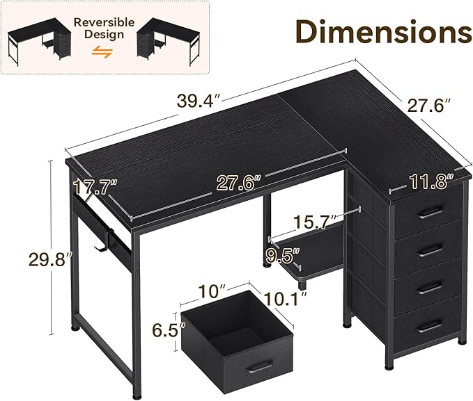 Casaottima L Shaped Desk with 4 Drawers, 40" Small Corner Computer Desk with Storage, Reversible Kids Study Table with CPU Stand & Hook, Work Table for Home Office, Black