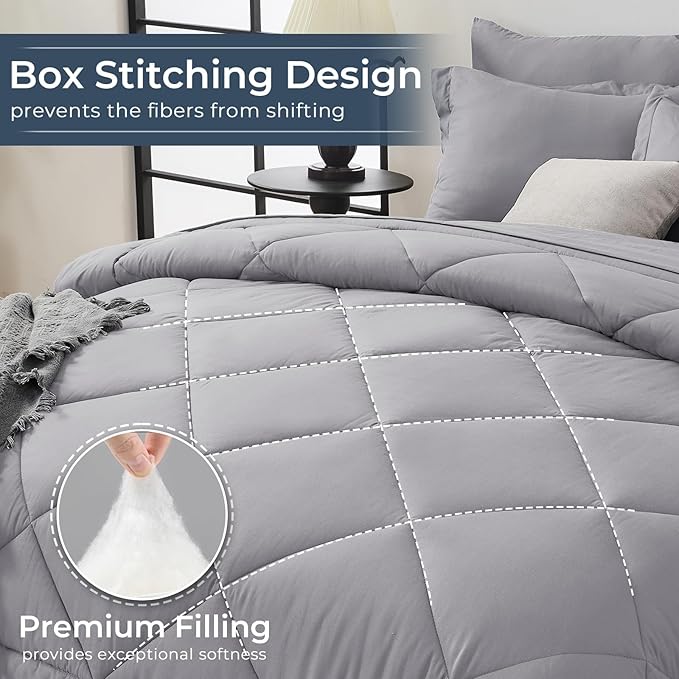 HEVUMYI Light Grey Twin-XL Comforter Set - 5-Piece All Season Bed in a Bag Twin-XL, Ultra Soft Bedding Set with Comforter, Flat Sheet, Fitted Sheet, Pillowcases, Pillow Shams, Light Gray